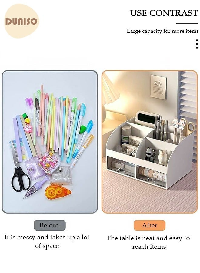 DUNISO Desk Organizer and Accessories with 2 Drawers and 6 Compartments, Plastic Makeup Organizer, Mini Pen Holder for Desktop Storage, Desk Organization for School, Home, Office Supplies - Image 2