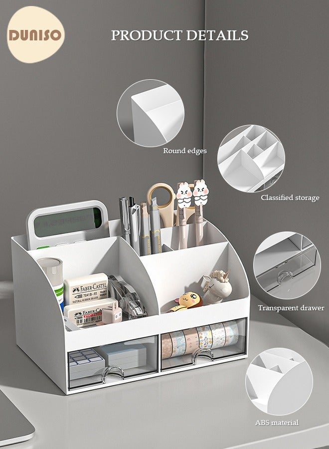 DUNISO Desk Organizer and Accessories with 2 Drawers and 6 Compartments, Plastic Makeup Organizer, Mini Pen Holder for Desktop Storage, Desk Organization for School, Home, Office Supplies - Image 3