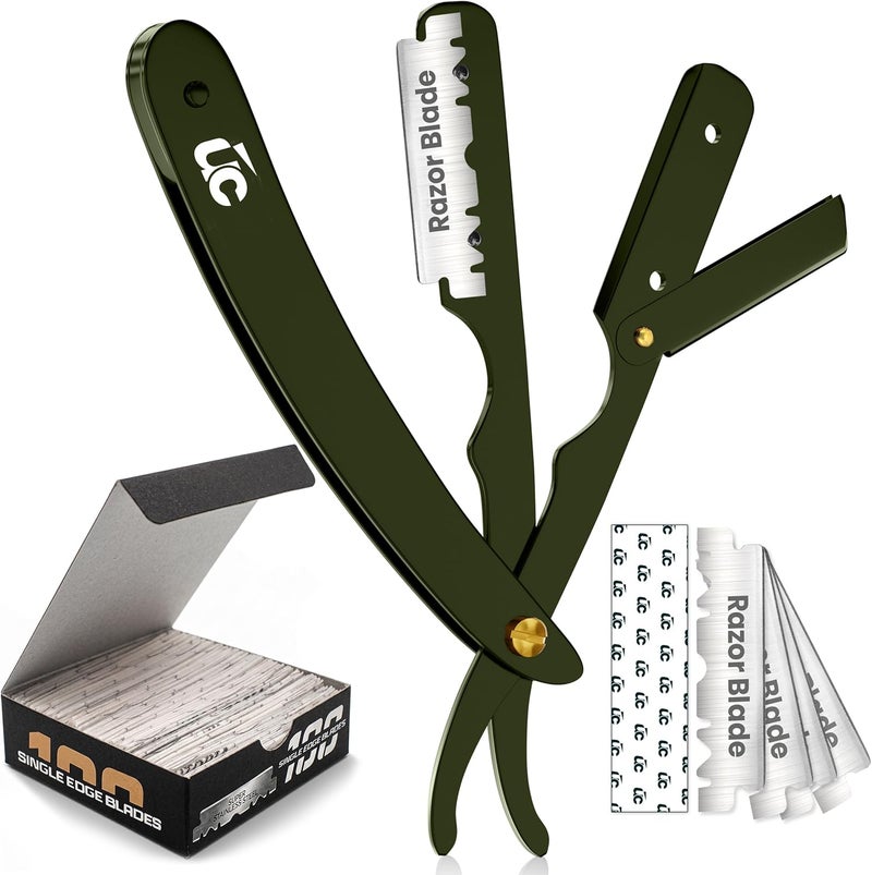 Utopia Care Professional Barber Straight Edge Razor Safety with 100-Pack Derby Blades - 100 Percent Stainless Steel (Green) - Image 1