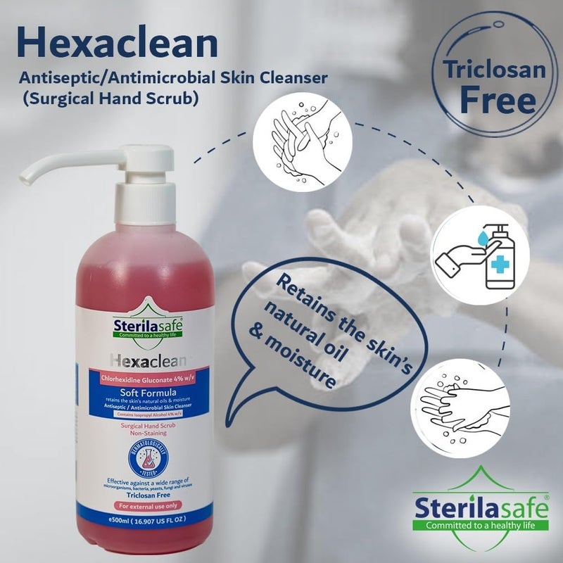 Multi-use detailed build Sterilasafe HexaClean, Antiseptic, Antibacterial Skin Cleanser, Surgical Hand Scrub, Soft Formula, Chlorhexidine gluconate 4% with isopropyl Alcohol 4%, Liquid Soap, 500 ML Tight fitted parts - Image 2