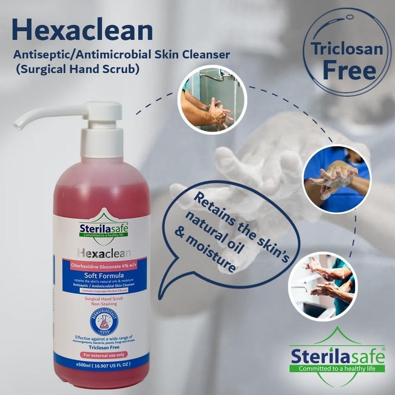 Multi-use detailed build Sterilasafe HexaClean, Antiseptic, Antibacterial Skin Cleanser, Surgical Hand Scrub, Soft Formula, Chlorhexidine gluconate 4% with isopropyl Alcohol 4%, Liquid Soap, 500 ML Tight fitted parts - Image 1