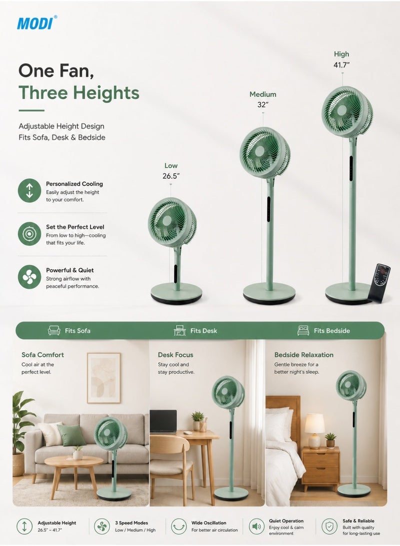 MODI 10" Stand Fan With Remote Speed Circulating Floor Fan, Adjustable Height Pedestal Fan With Remote Control Quiet Cooling For Home & Office - Image 3