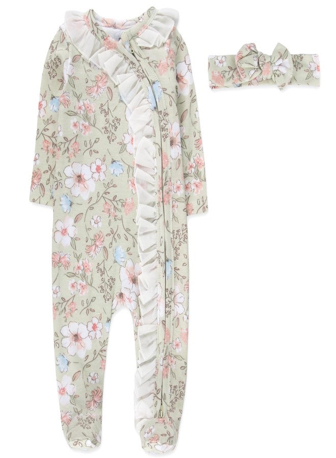Baby Essentials Baby Girls Floral Footie Romper Pajama Set, 4 Piece – Double Zipper Sleep & Play with Matching Bow Headbands (3 months) - Image 2