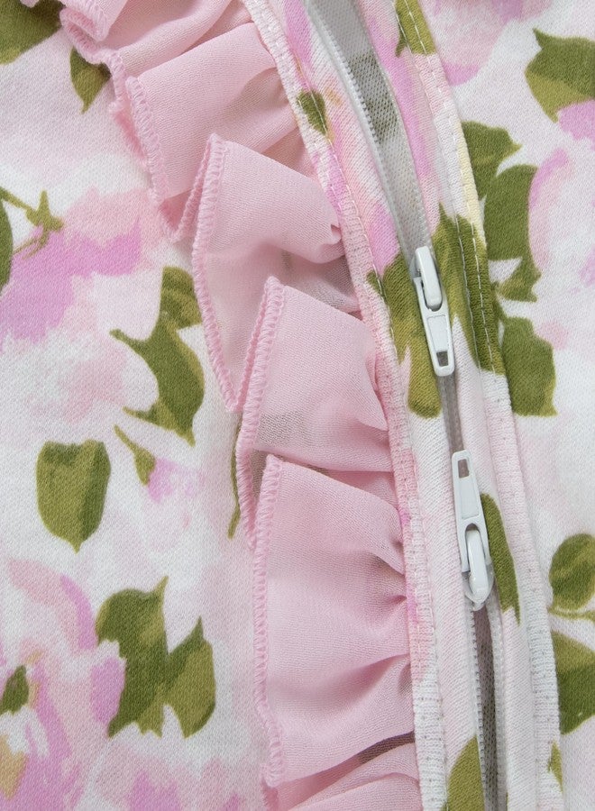 Baby Essentials Baby Girls Floral Footie Romper Pajama Set, 4 Piece – Double Zipper Sleep & Play with Matching Bow Headbands (3 months) - Image 4