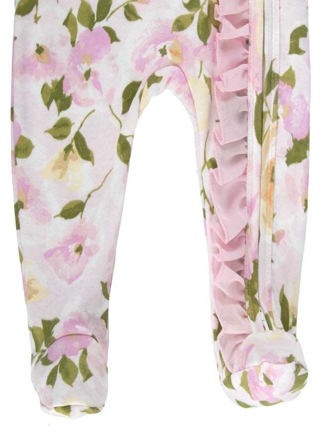 Baby Essentials Baby Girls Floral Footie Romper Pajama Set, 4 Piece – Double Zipper Sleep & Play with Matching Bow Headbands (3 months) - Image 5