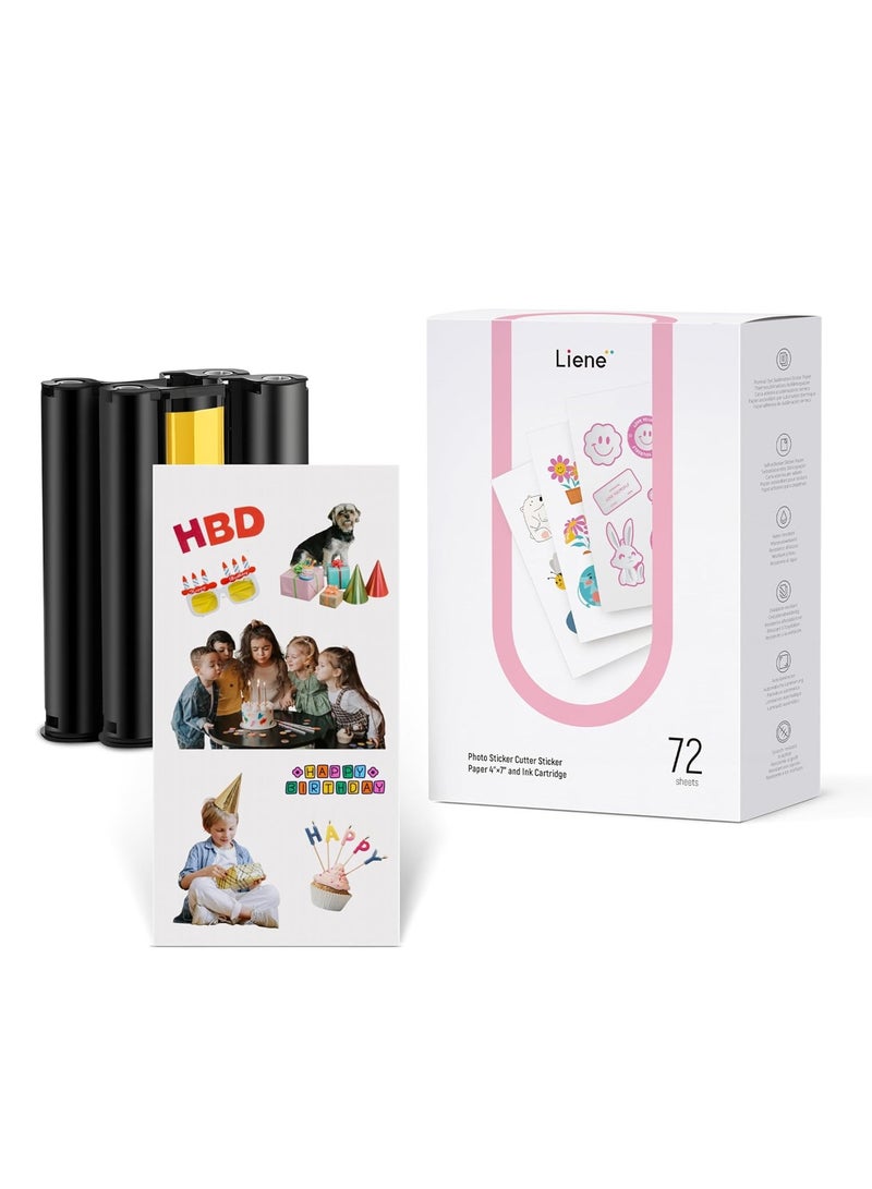 Liene ورق ملصقات ليني وخرطوشة، 2 خرطوشة حبر إعادة تعبئة و72 ورقة صور، 4x7"، صبغ تحت الضغط، مقاوم للماء والأكسدة، متوافق مع طابعة وقاطع ملصقات الصور ليني بيكس كات S1 - Image 1