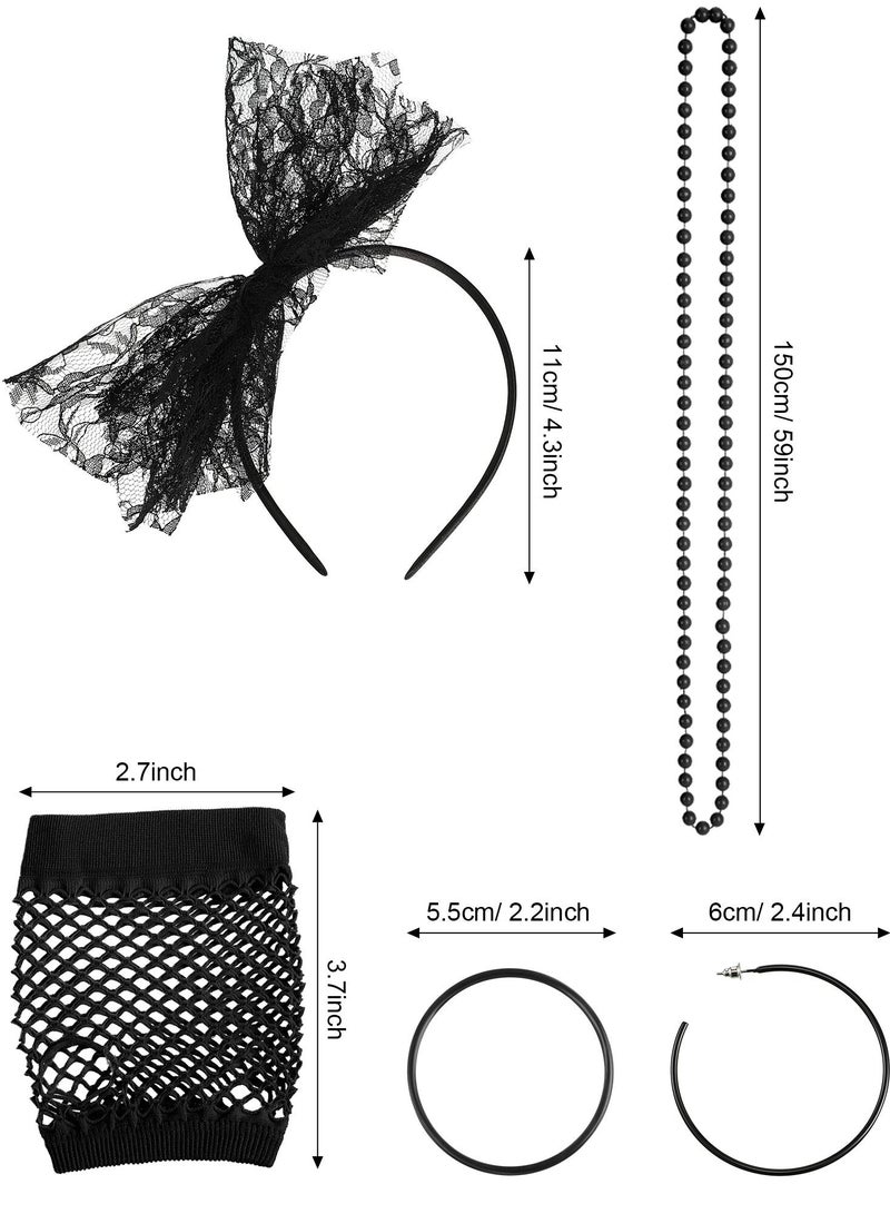 80s Fancy Dress Costume Accessories Lace Headband Earrings Fishnet Gloves Necklace Bracelet for Retro Party, Black - Image 5