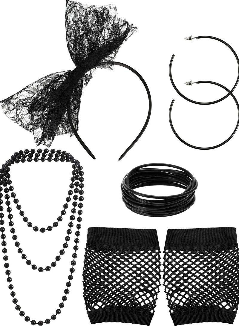 80s Fancy Dress Costume Accessories Lace Headband Earrings Fishnet Gloves Necklace Bracelet for Retro Party, Black - Image 1