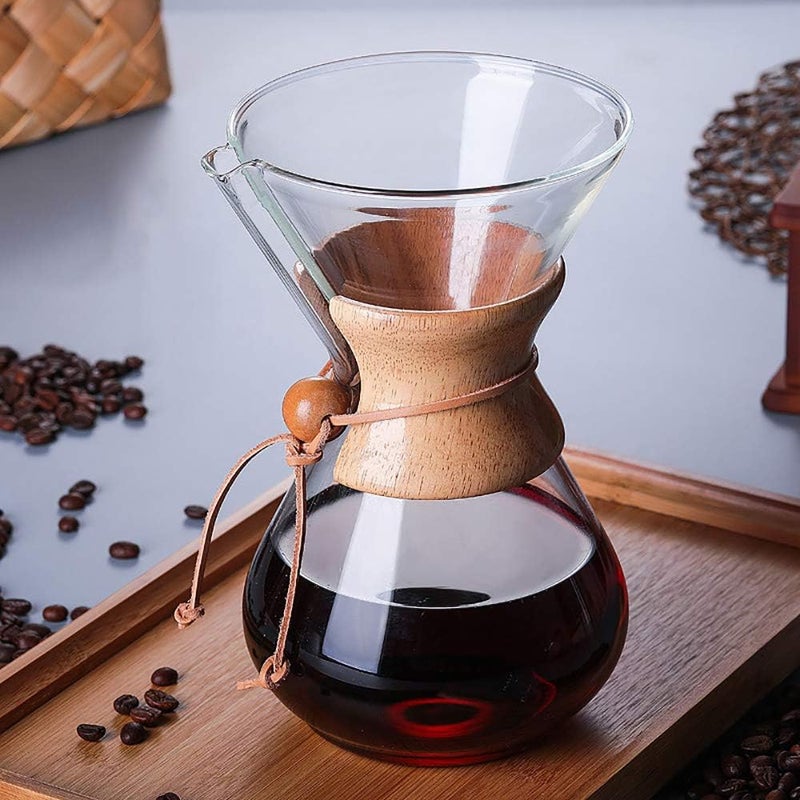 QLESHINING Wood Neck Pour Over Coffee Maker with Reusable Stainless Steel Filter and Coaster Pad, 400 ml Borosilicate Glass Coffee Carafe, Wooden Collar, Coffee Dripper Brewer, Hold 2 Cups - Image 3