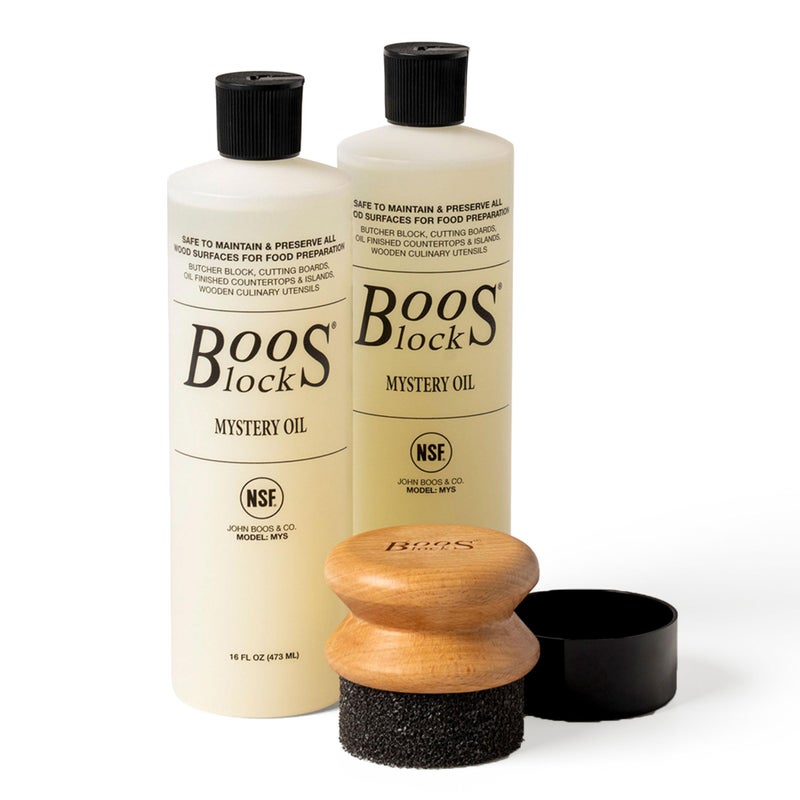 John BOOS John Boos 3Piece Care Set 2Pack 16 oz Mystery Oil  Round Beechwood Applicator  AllNatural Maintenance Formula for Butcher Blocks Cutting Boards Wooden Countertops  Wood Utensils 
