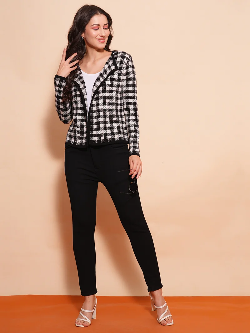 globus Women Checked Self Design Cardigan
