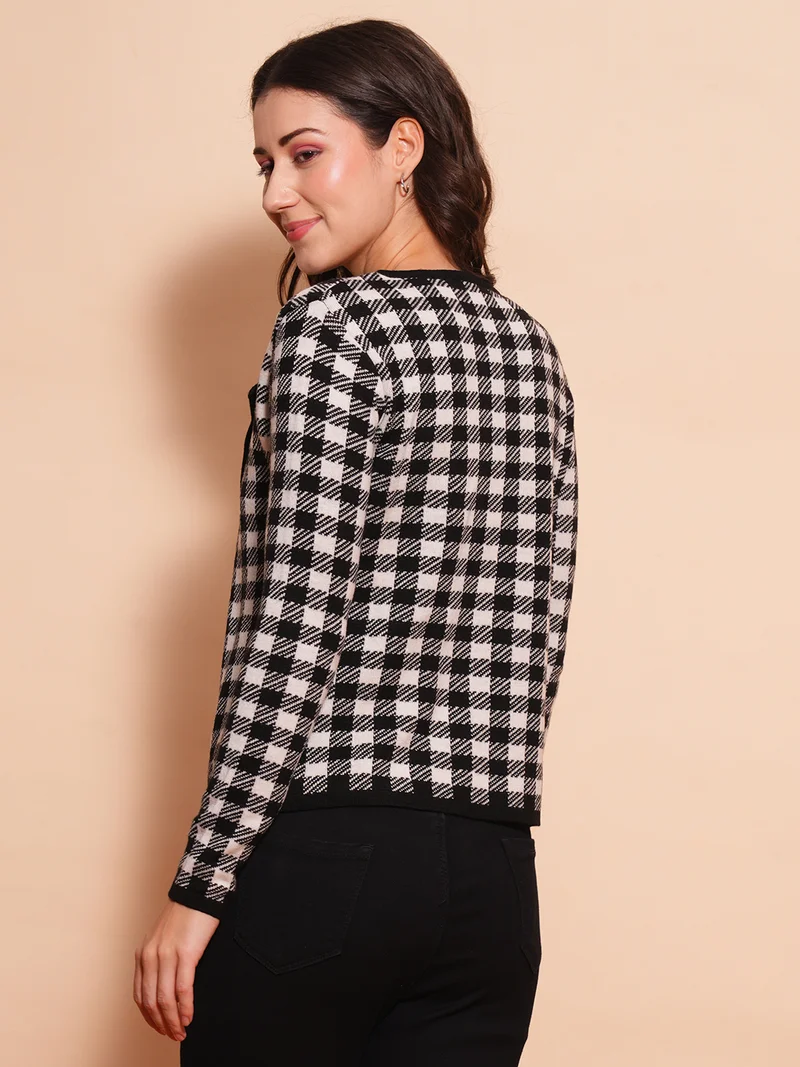 globus Women Checked Self Design Cardigan