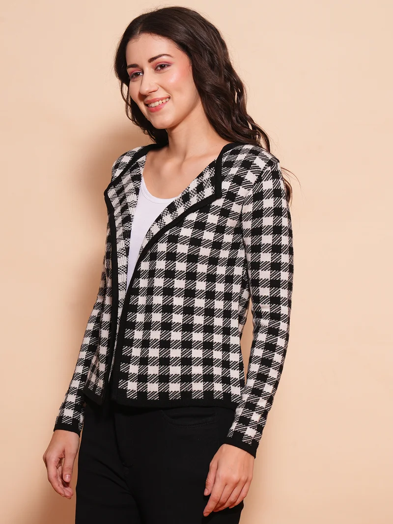 globus Women Checked Self Design Cardigan