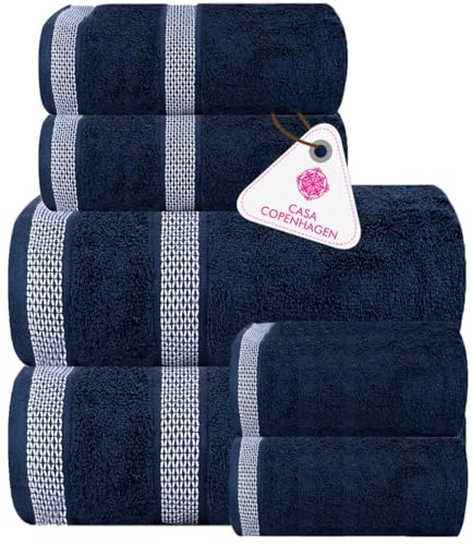 CASA COPENHAGEN CASA COPENHAGEN Solitaire 6 Pieces Towel Set Navy 600 GSM 2 Bath Towel 2 Hand Towel 2 Washcloth Designed in Denmark Made of Soft Egyptian Cotton for Bathroom Kitchen  Shower 