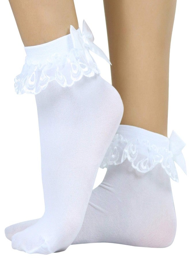 جوارب نسائية كلاسيكية من الدانتيل مزينة بفيونكة وكشكشة من ToBeInStyle - أبيض - مقاس واحد - Image 1