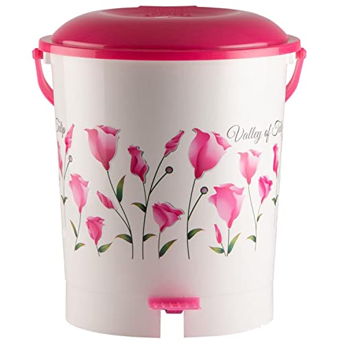 Kuber Industries Floral Printed Multiuses Plastic Pedal Dustbin, Waste Bin, Trash Can With Handle, 10 Litre (Pink)-47KM0763 - Image 1
