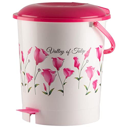 Kuber Industries Floral Printed Multiuses Plastic Pedal Dustbin, Waste Bin, Trash Can With Handle, 10 Litre (Pink)-47KM0763 - Image 2