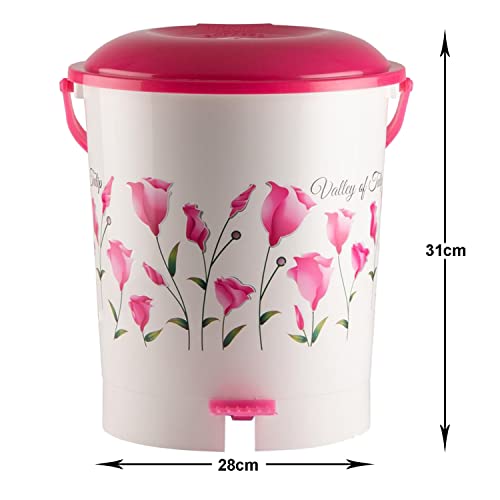 Kuber Industries Floral Printed Multiuses Plastic Pedal Dustbin, Waste Bin, Trash Can With Handle, 10 Litre (Pink)-47KM0763 - Image 4