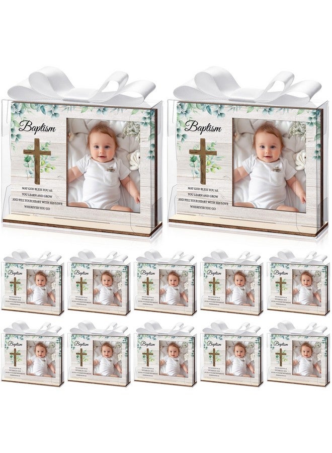 Vercraft 12 Set Baptism Picture Frame Catholic Baptism Gifts Wood Photo Frame Baby Shower Favor with Clear Plastic Clear Boxes and Satin Ribbon Bows for Religious First Communion Decor - Image 1