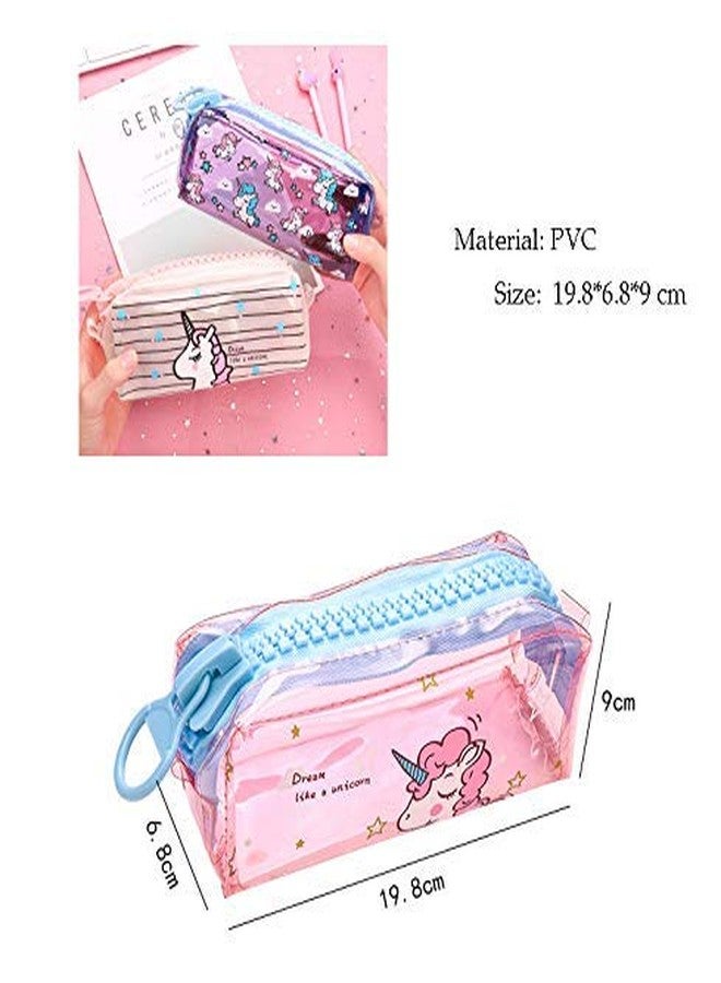 Prisma Collection Plastic Big Zip Unicorn Transparent Pouch Multipurpose Pen Pencil Travel Stylish Pouch (Random Colour) 1 Pc - Multicolor - Image 2