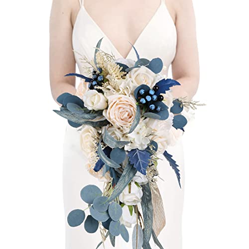 INSUNSIX Wedding Bouquets for Bride, 11 Inch Bride Bouquets for Wedding Dusty Blue Artificial Flowers Bridal Bouquet for Wedding Ceremony Anniversary(Dusty Blue) - Image 1