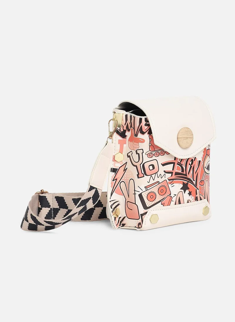 Haute Sauce  White Printed Vegan Leather Sling Bag for Women | Best Price UAE