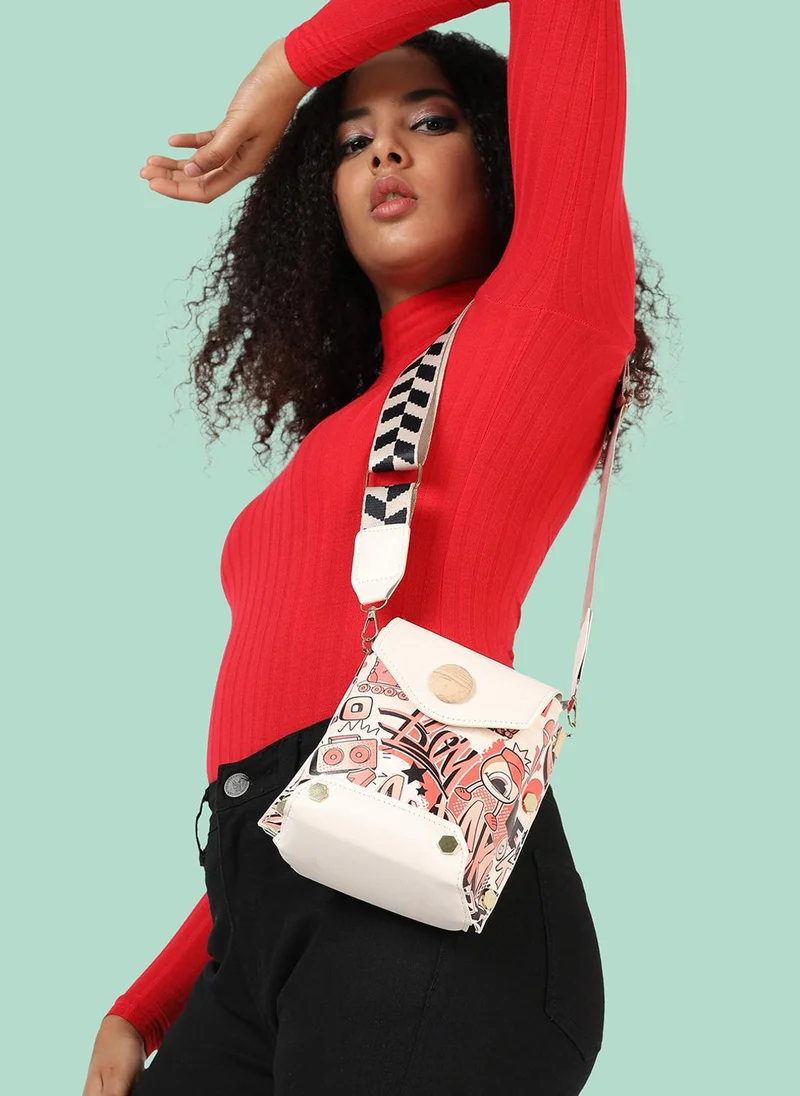Haute Sauce White Printed Vegan Leather Sling Bag