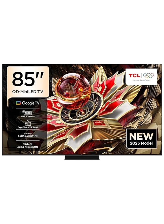 Television 85-Inch Smart TV 4K QD-Mini LED Gaming Google TV, 144Hz Native Refresh Rate, Precise Dimming Series CrystGlow HVA Panel, HDR 3000 nits, Ultra Slim Design (2025 Model) 85Q7C Black