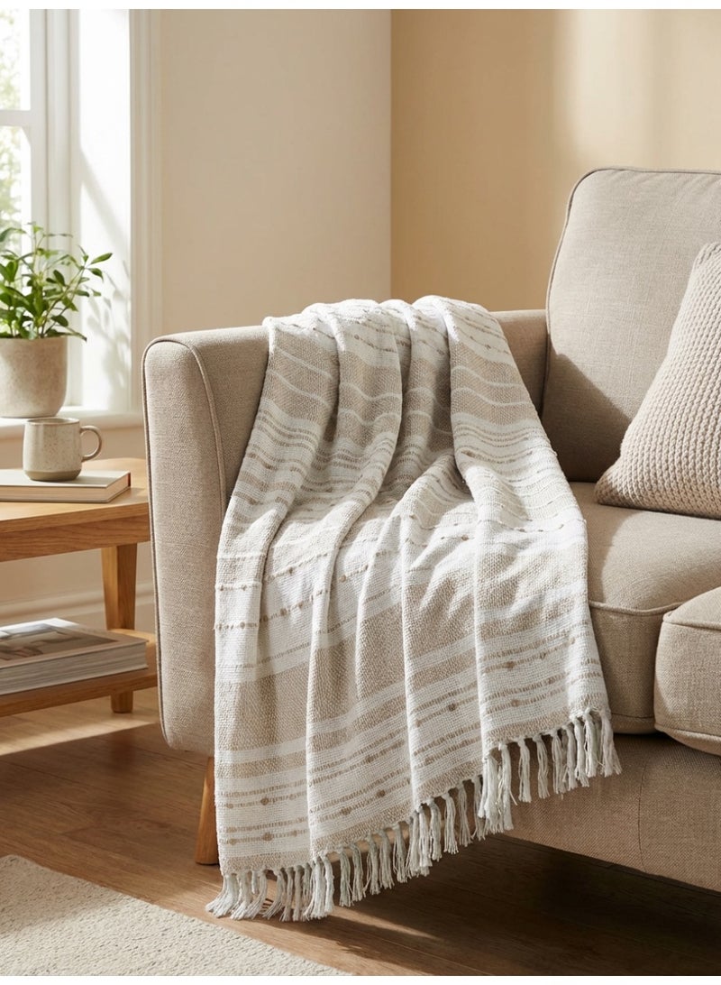 Ambrosia 130 x 160 cm Supema Cotton Throw Beige Blanket, 400GSM Premium Soft Woven Striped Fringed Boho Couch Sofa Cover and Bed Runner - Image 3