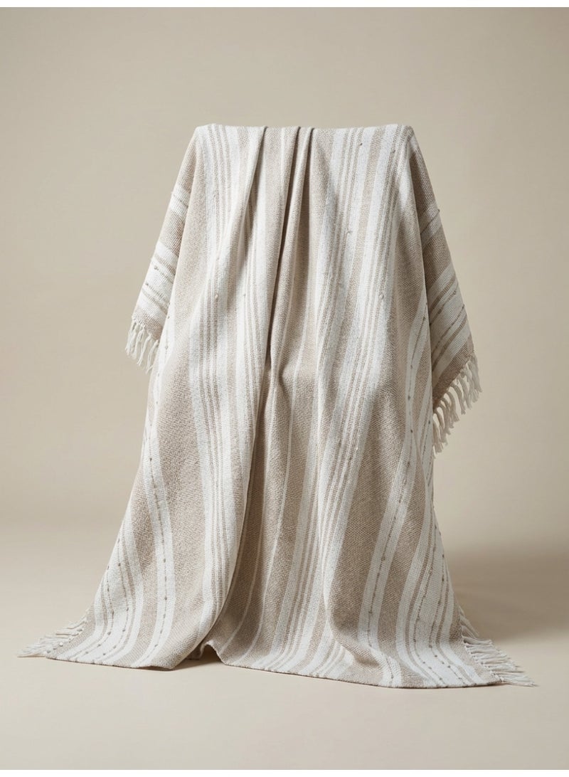 Ambrosia 130 x 160 cm Supema Cotton Throw Beige Blanket, 400GSM Premium Soft Woven Striped Fringed Boho Couch Sofa Cover and Bed Runner - Image 4