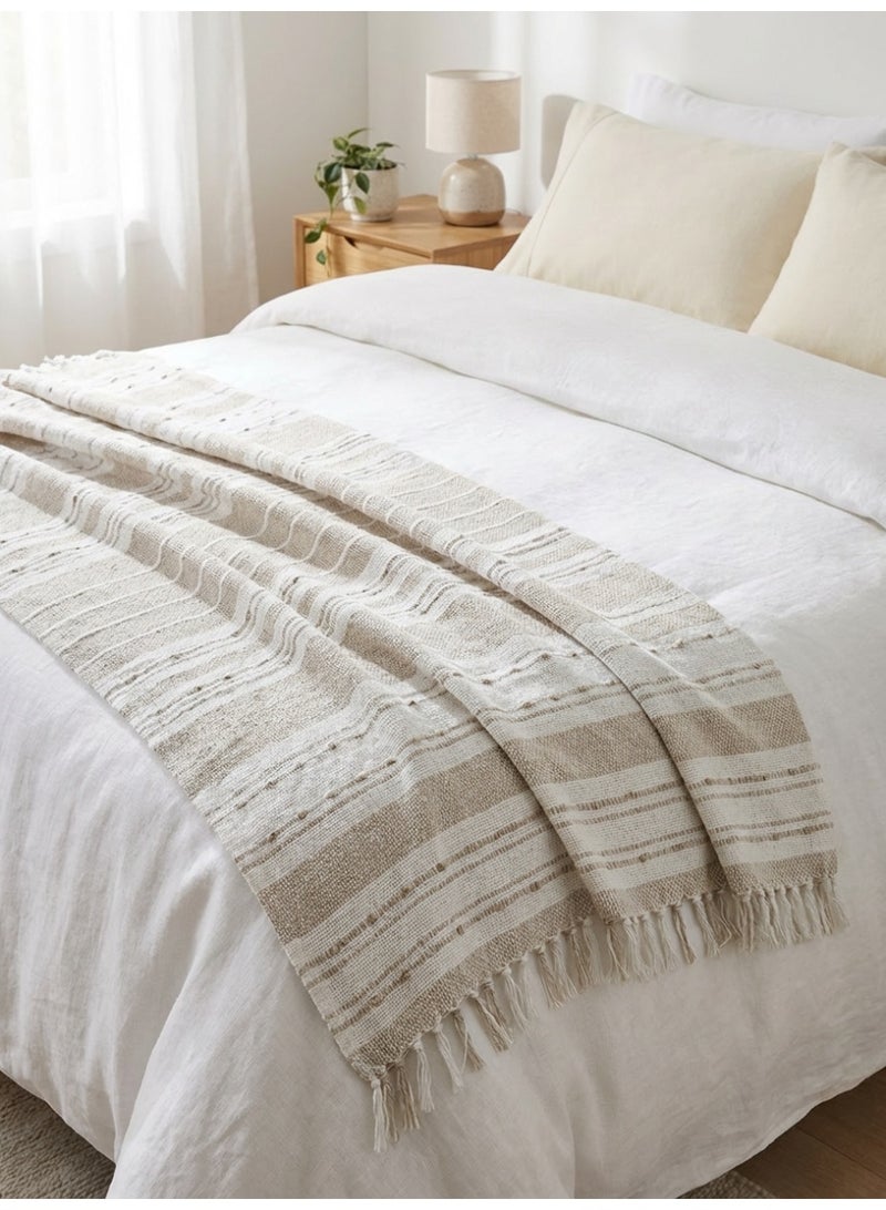 Ambrosia 130 x 160 cm Supema Cotton Throw Beige Blanket, 400GSM Premium Soft Woven Striped Fringed Boho Couch Sofa Cover and Bed Runner - Image 1