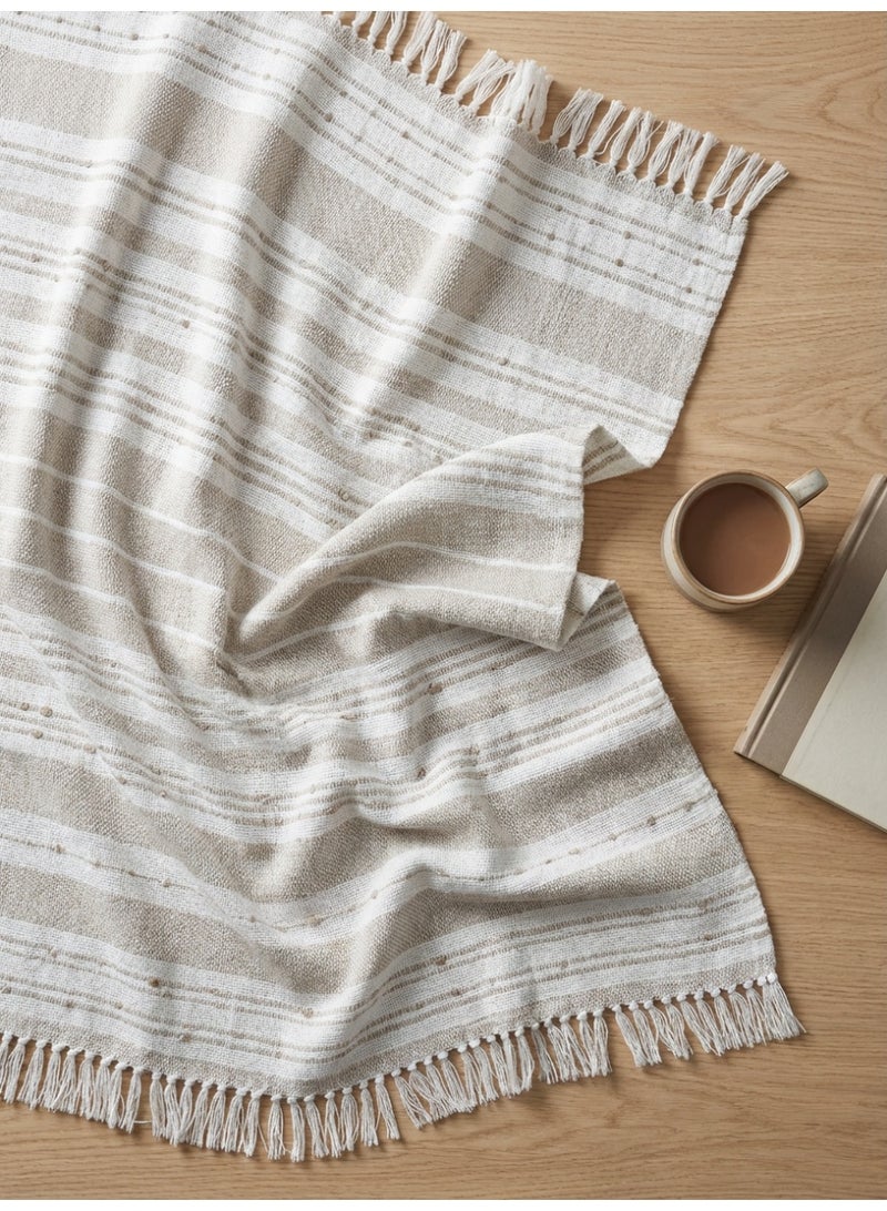 Ambrosia 130 x 160 cm Supema Cotton Throw Beige Blanket, 400GSM Premium Soft Woven Striped Fringed Boho Couch Sofa Cover and Bed Runner - Image 2