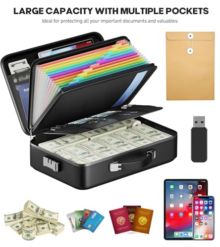 BigPonPon Fireproof Document Box, Hard Case Highly Flame-Resistant Fire Proof Waterproof File Organizer with Lock, Portable Fire Safe for Important Documents & Valuables Storage (Black, ‎16"*12"*5") - Image 4