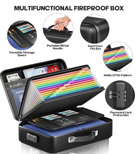 BigPonPon Fireproof Document Box, Hard Case Highly Flame-Resistant Fire Proof Waterproof File Organizer with Lock, Portable Fire Safe for Important Documents & Valuables Storage (Black, ‎16"*12"*5") - Image 5