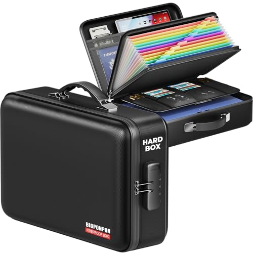 BigPonPon Fireproof Document Box, Hard Case Highly Flame-Resistant Fire Proof Waterproof File Organizer with Lock, Portable Fire Safe for Important Documents & Valuables Storage (Black, ‎16"*12"*5") - Image 1