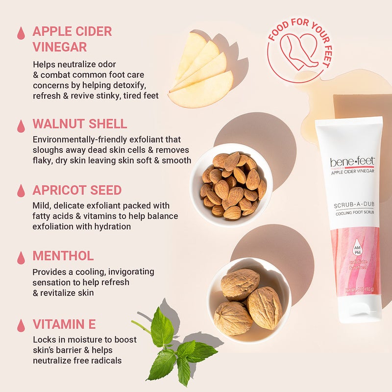 Benefeet Scrub-A-Dub Cooling Foot Scrub - Exfoliates + Refreshes Dry + Dull Skin, Get Smoother Skin from Heel to Toe, Made w/Vitamin E, Apple Cider Vinegar, Walnut Shell + Apricot Seed, 4 oz (1 Pack) - Image 2