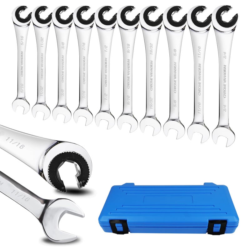 LOSCHEN 10 pcs SAE Ratcheting Wrench Combination Wrench Set 10 PcsSet with 72 Teeth Chrome Vanadium Steel Tubing Ratchet SpannerUS and European Patents
