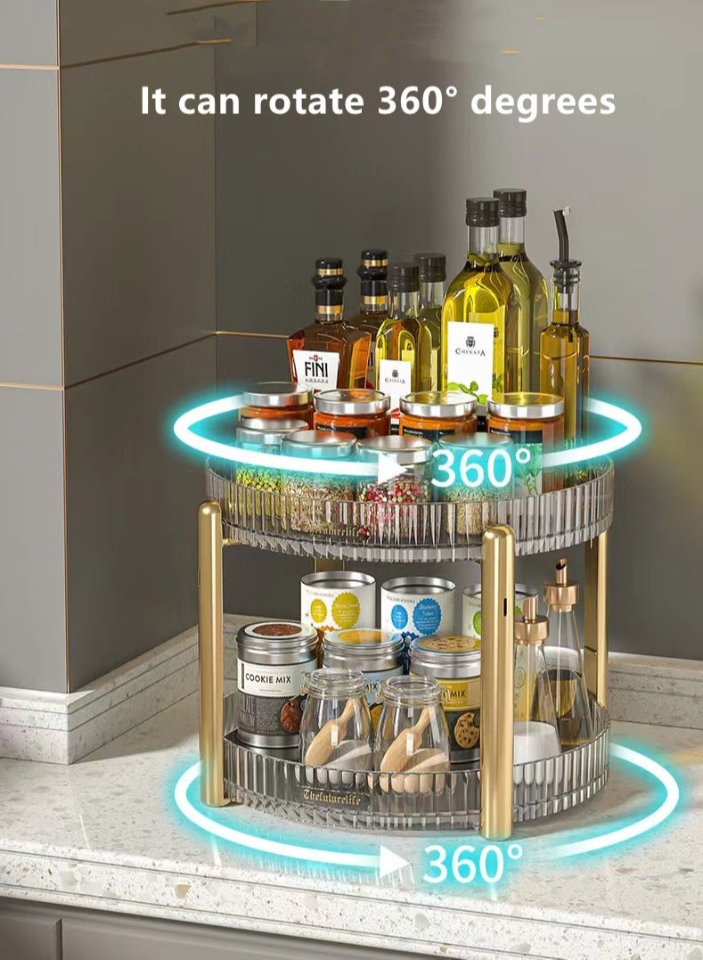 Kutis 1-Piece Multifunctional Double-Layer 360° Rotating Desktop Storage Rack/Kitchen Relish Storage Rack/Desktop Shelving/Snack Storage Rack PET Material Transparent Clear/Golden 28 x 22 Centimeter - Image 1