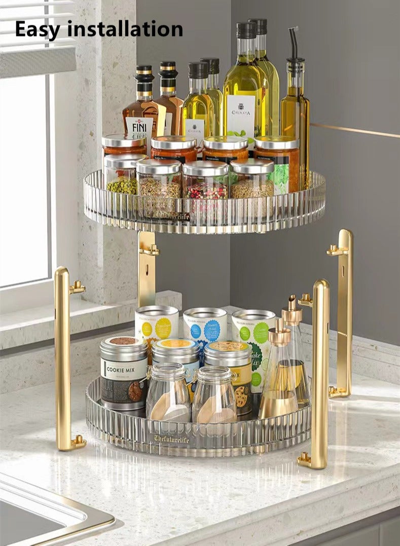 Kutis 1-Piece Multifunctional Double-Layer 360° Rotating Desktop Storage Rack/Kitchen Relish Storage Rack/Desktop Shelving/Snack Storage Rack PET Material Transparent Clear/Golden 28 x 22 Centimeter - Image 2