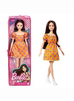 Fashionistas Doll 160 With Long Brunette Hair Wearing Patterned Orange Dress White Shoes & Yellow Choker Toy For Kids 3 To 8 Years Old