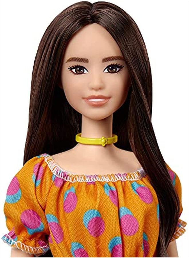 Barbie - Fashionistas Doll 160 With Long Brunette Hair Wearing Patterned Orange Dress White Shoes & Yellow Choker Toy For Kids 3 To 8 Years Old - Image 1