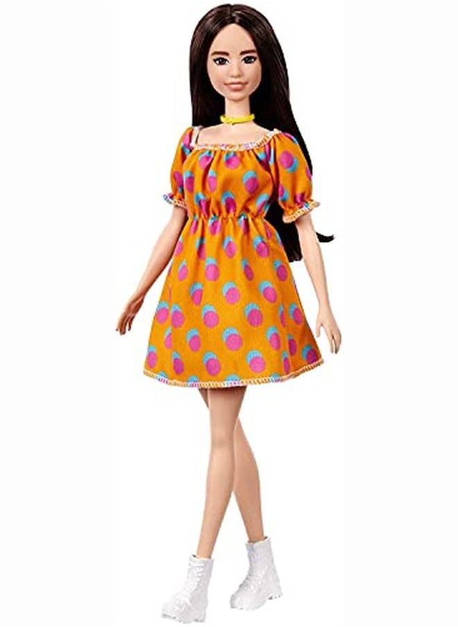 Barbie - Fashionistas Doll 160 With Long Brunette Hair Wearing Patterned Orange Dress White Shoes & Yellow Choker Toy For Kids 3 To 8 Years Old - Image 1