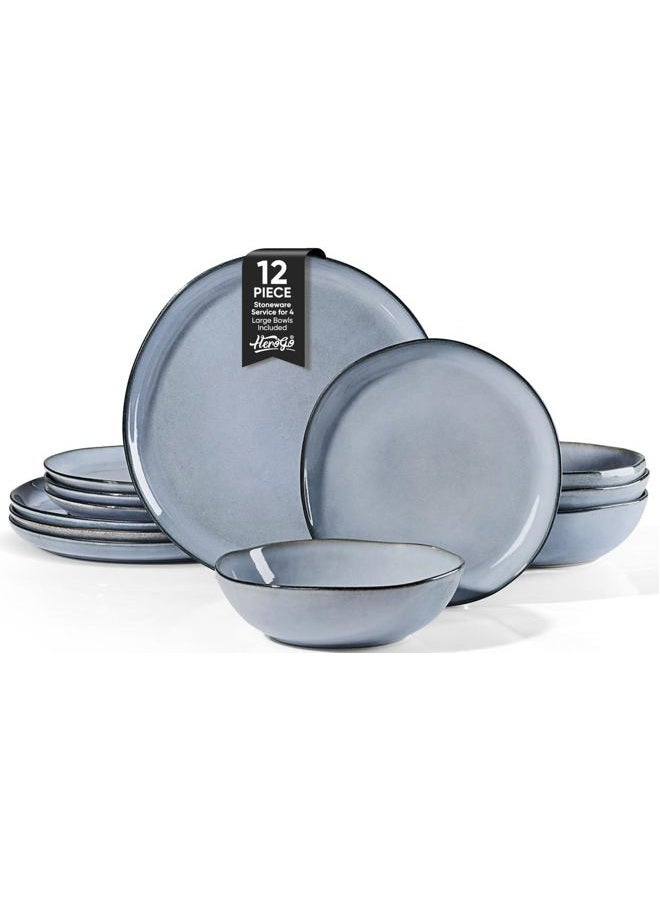 Herogo Plates and Bowls Dinnerware Sets, 12 Piece Stoneware Dinner Dishes Set for 4, Irregular Handmade Dishware Tableware, Crack and Scratch Resistant, Reactive Glaze, Smoky Blue - Image 1