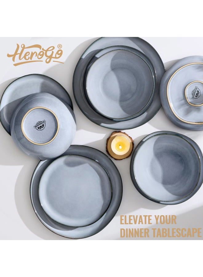 Herogo Plates and Bowls Dinnerware Sets, 12 Piece Stoneware Dinner Dishes Set for 4, Irregular Handmade Dishware Tableware, Crack and Scratch Resistant, Reactive Glaze, Smoky Blue - Image 5