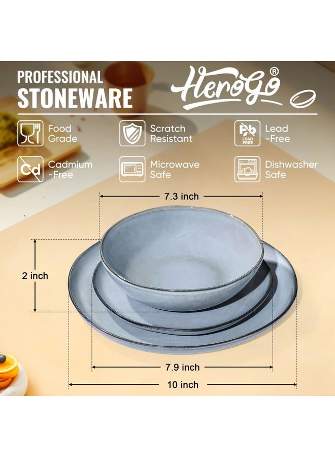 Herogo Plates and Bowls Dinnerware Sets, 12 Piece Stoneware Dinner Dishes Set for 4, Irregular Handmade Dishware Tableware, Crack and Scratch Resistant, Reactive Glaze, Smoky Blue - Image 4