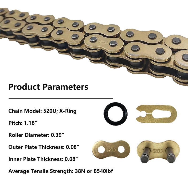 Generic BIGLKNM 520 X-Ring Chain, 128 Links Heavy Duty Motorcycle Gold Chain with Connecting Master Link  - Image 2