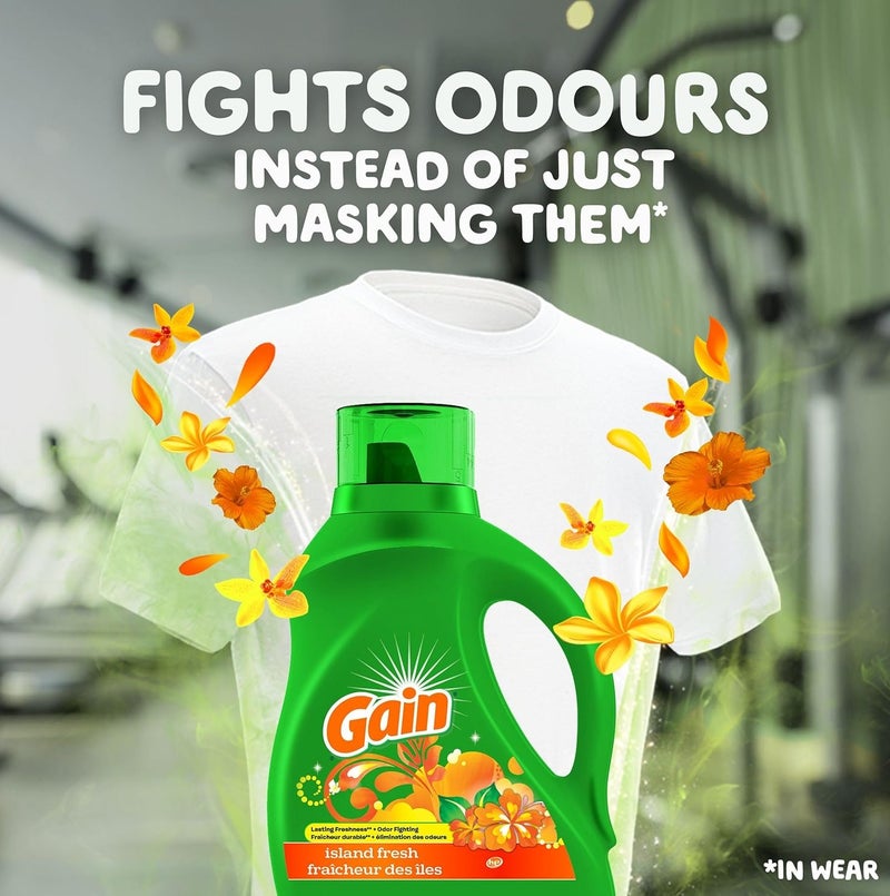 جاين جين منظف غسيل سائل برائحة آيلاند فريش 1.36 لتر، 32 غسلة، مناسب للغسالات عالية الكفاءة، يزيل الروائح ويمنح الملابس انتعاش طويل يدوم برائحة استوائية منعشة - Image 2