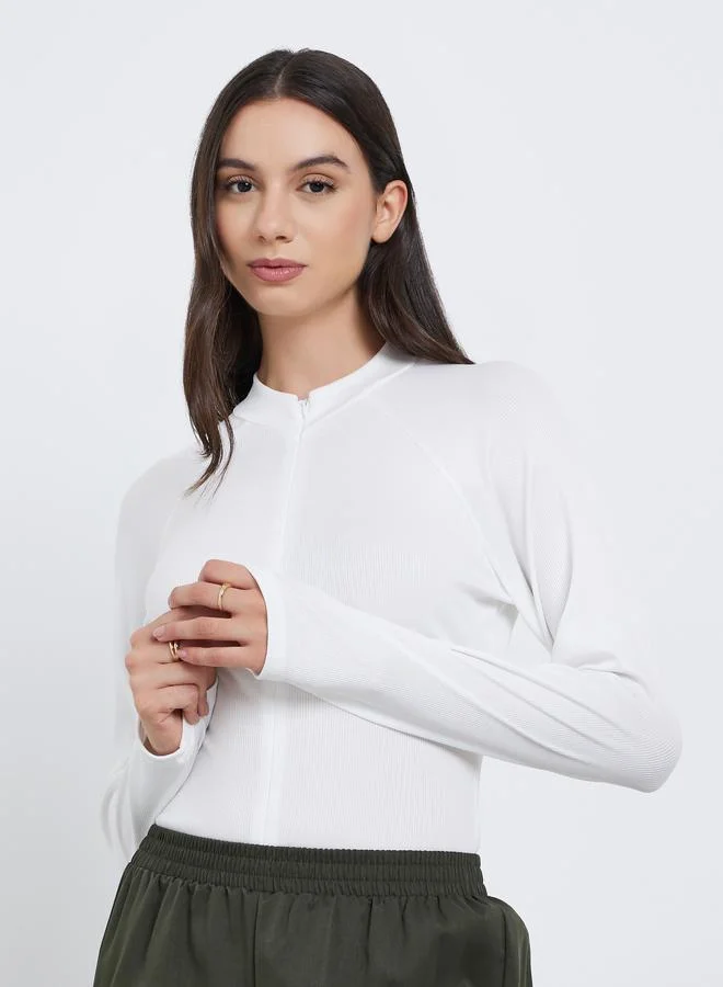 Take Two Take Two White Ribbed Bodysuit with Concealed Zip