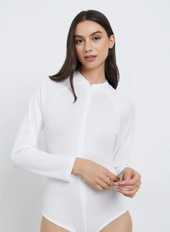 Take Two Take Two White Ribbed Bodysuit with Concealed Zip