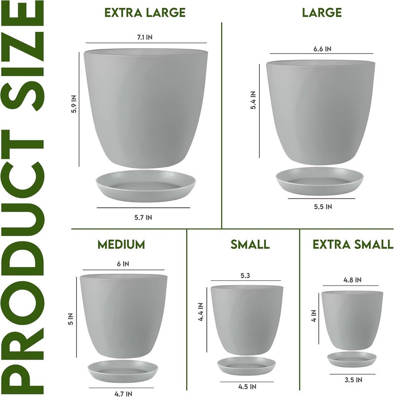 Utopia Home - Plant Pots Indoor with Drainage - 7/6.6/6/5.3/4.8 Inches Decorative Flower Pots for Indoor Planter - Pack of 5, Plastic Planters for Indoor Plants, Flowers, Cactus, Succulents Pot, Gray - Image 2